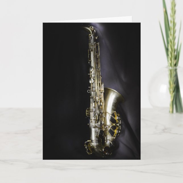 Magnificent brass saxophone on black background card (Front)