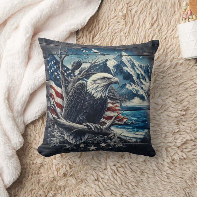 Magnificent Eagle With American Flag and Mountains Throw Pillow (Blanket)