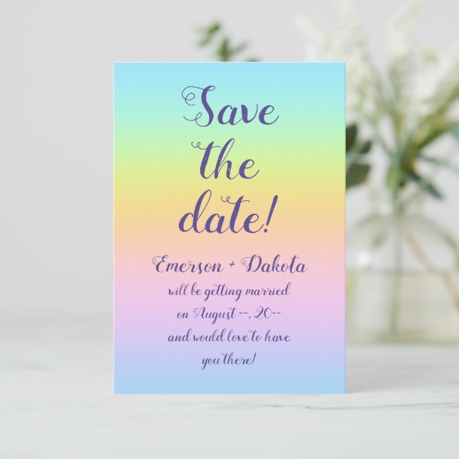 Magnificent Pastel Rainbow Wedding Save The Date (Standing Front)