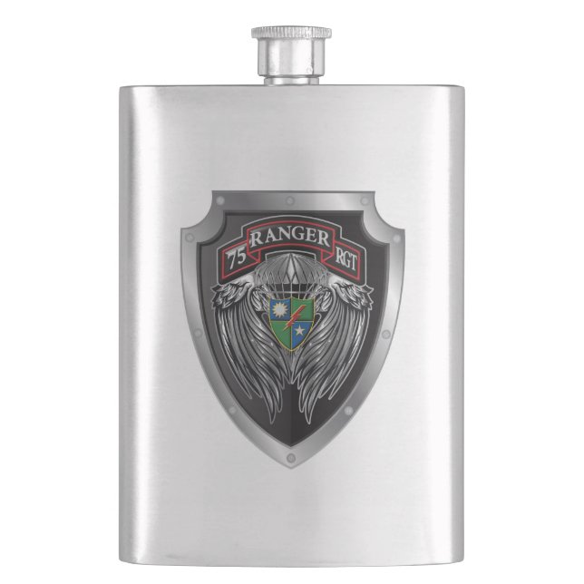 Magnificent Winged 75th Ranger Regimental Scroll Hip Flask (Front)
