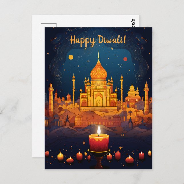 Magnifique carte postale Diwali avec vue nocturne (Devant / Derrière)