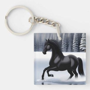 Magnifique cheval noir cabré sur une surface ennei