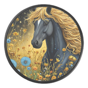 Magnifique étalon noir parmi des fleurs sauvages v