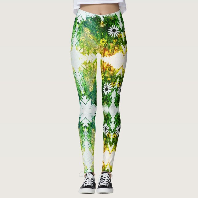 Magnifique Jaune Fleurs Blanches Leggings (Devant)