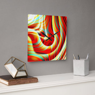 Magnifying curved red strokes overlapping in mess square wall clock