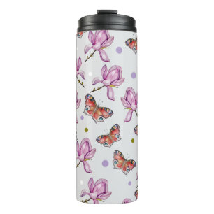 Magnolia and butterflies, watercolor pattern thermal tumbler