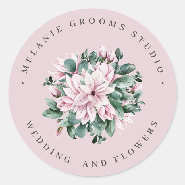 Magnolia and eucalyptus pink  flowers business classic round sticker (Front)