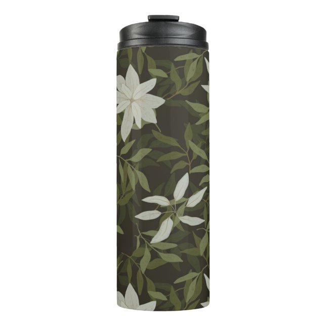 Magnolia and green leaves on black thermal tumbler (Front)