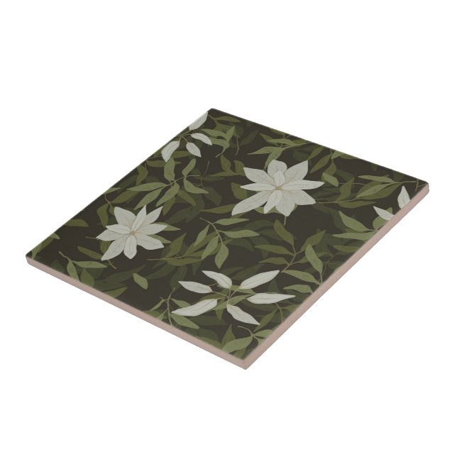 Magnolia and green leaves on black tile (Side)
