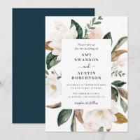 magnolia and pink flowers wedding invitation