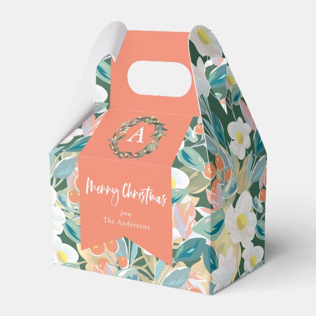 Magnolia & Berry Green Floral Holiday Favor Box (Front Side)