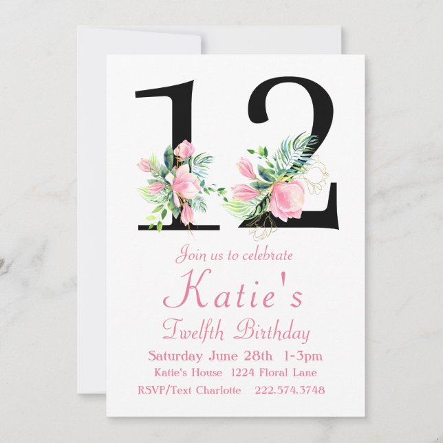 Magnolia Birthday Invitation, 12th Birthday Invitation (Front)