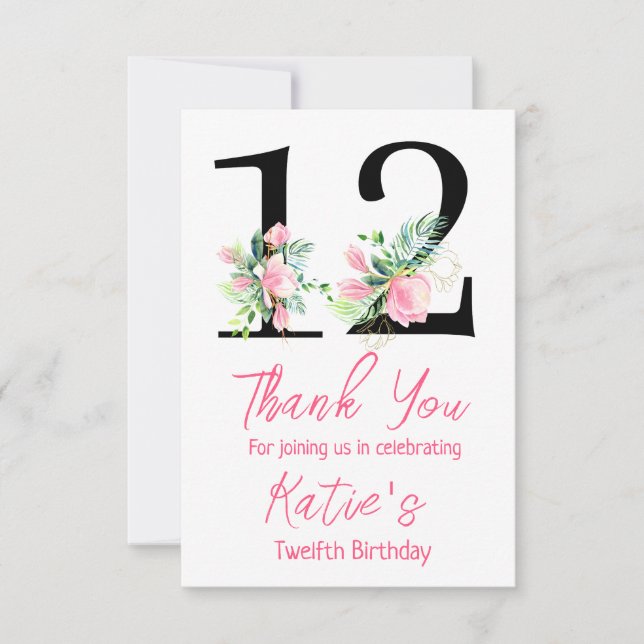 Magnolia Birthday Invitation, 12th Birthday Thank You Card (Front)
