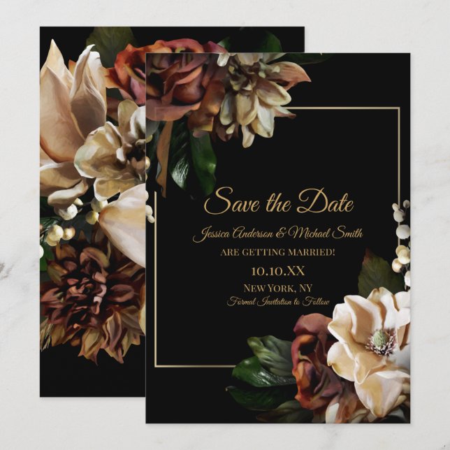 Magnolia Black Gold Floral Save the Date Invitation (Front/Back)