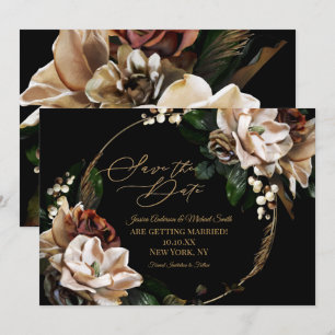 Magnolia Black Gold Wreath Floral Save the Date In Invitation