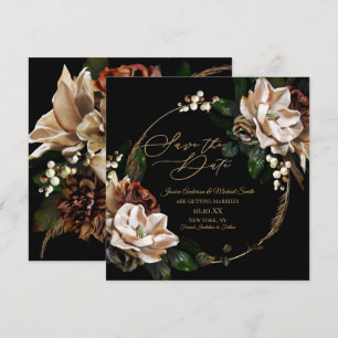 Magnolia Black Gold Wreath Floral Save the Date Invitation