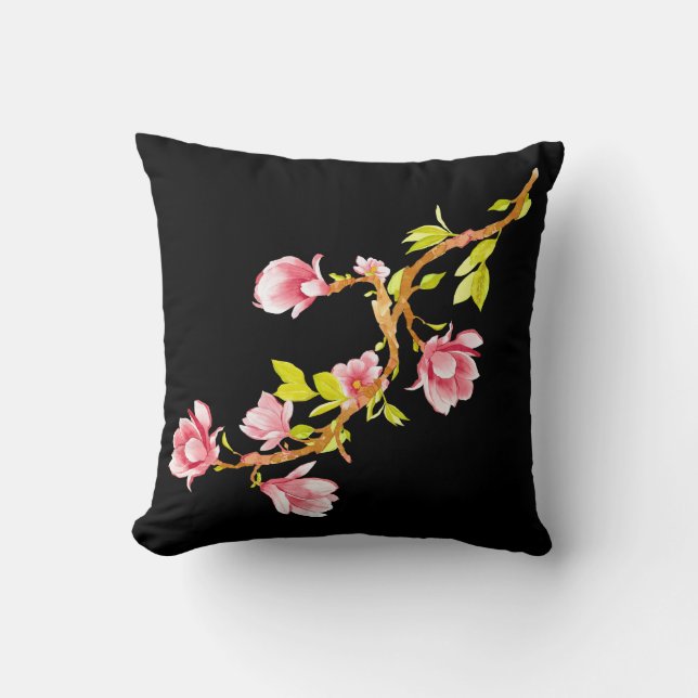 Magnolia  Black Throw Pillow (Front)