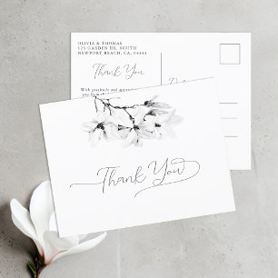 Magnolia Black White Calligraphy Wedding Thank You Postcard