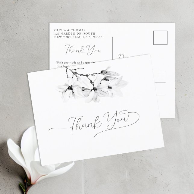 Magnolia Black White Calligraphy Wedding Thank You Postcard (Magnolia Wedding Thank You Postcard with Elegant Script Calligraphy and Ample, Feminine Flourishes)