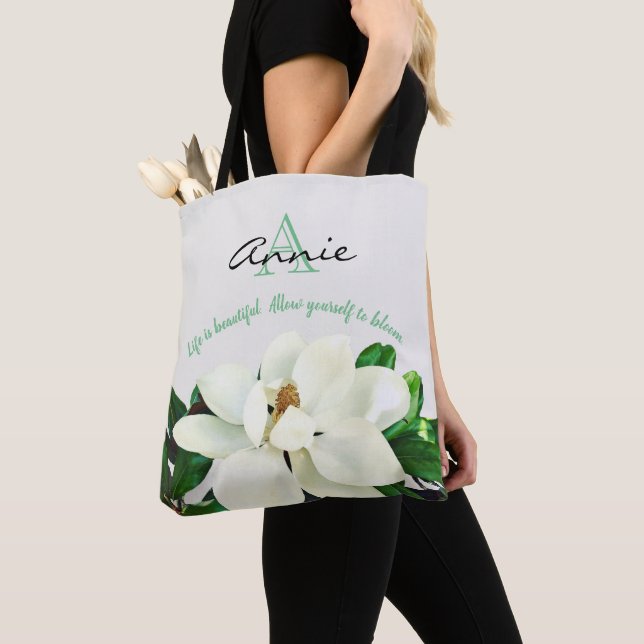 Magnolia  Bloom | Life is Beautiful | Personalized Tote Bag (Close Up)