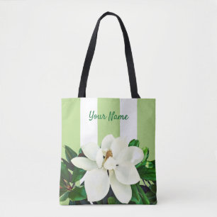 Magnolia Bloom   Personalized Green & White Tote Bag