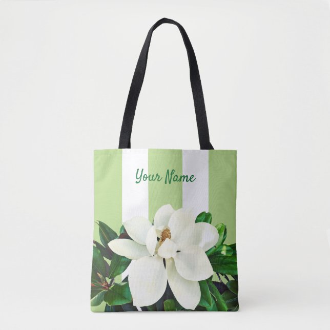 Magnolia Bloom | Personalized Green & White Tote Bag (Front)