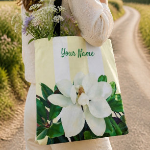 Magnolia Bloom Personalized Yellow & White Tote Bag