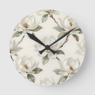 Magnolia Bloom Soft Neutral Pattern Round Clock