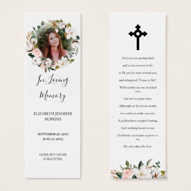 Magnolia Blossom Photo Funeral Poem Bookmark Card (Front & Back)