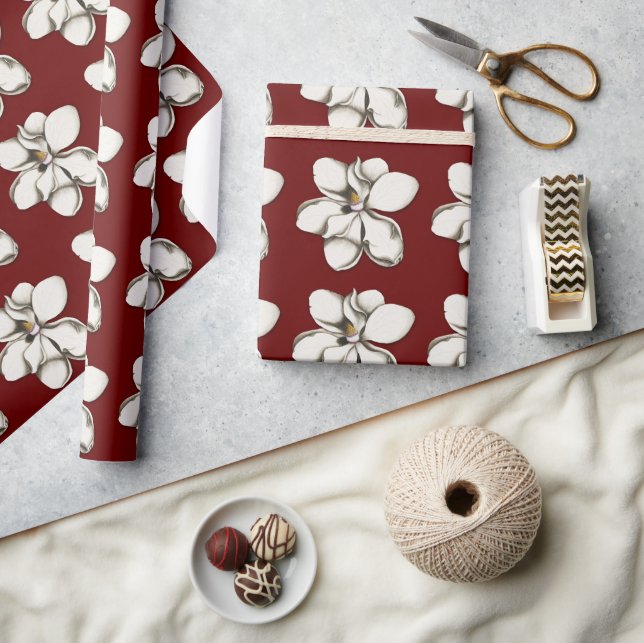 Magnolia Blossoms Burgundy All Occasion Wrapping Paper (Crafts)