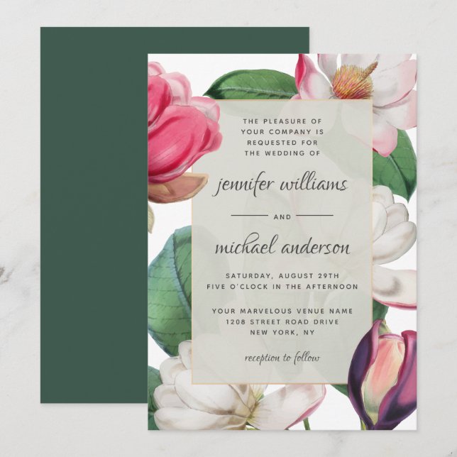 Magnolia Blossoms Romantic Boho Floral Elegant Invitation (Front/Back)