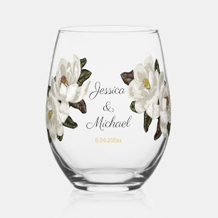 Magnolia blossoms wedding stemless wine glass