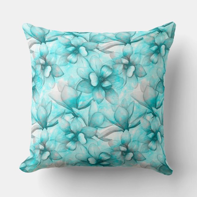 Magnolia Blue Teal Floral Repeat Pattern Art Throw Pillow (Front)