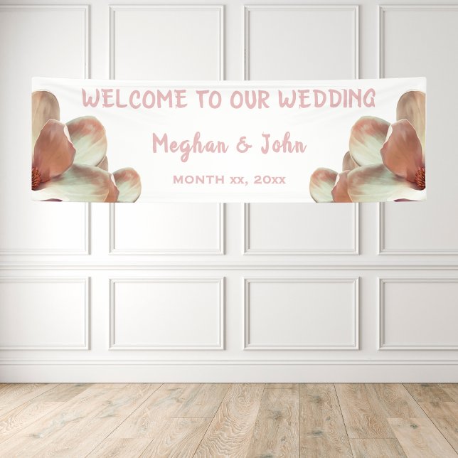 Magnolia Blush - Bannière Mariage - 2,5' x 8' (Magnolia Floral Pink Blush Wedding Banner)
