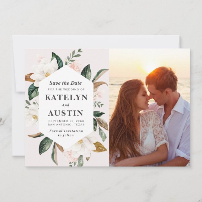 magnolia blush floral photo save the date (Front)