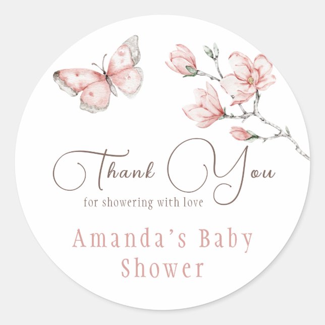 Magnolia Blush Pink Butterfly Baby Shower Favour Classic Round Sticker (Front)