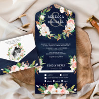 Magnolia Blush Pink Floral Wreath Navy Wedding