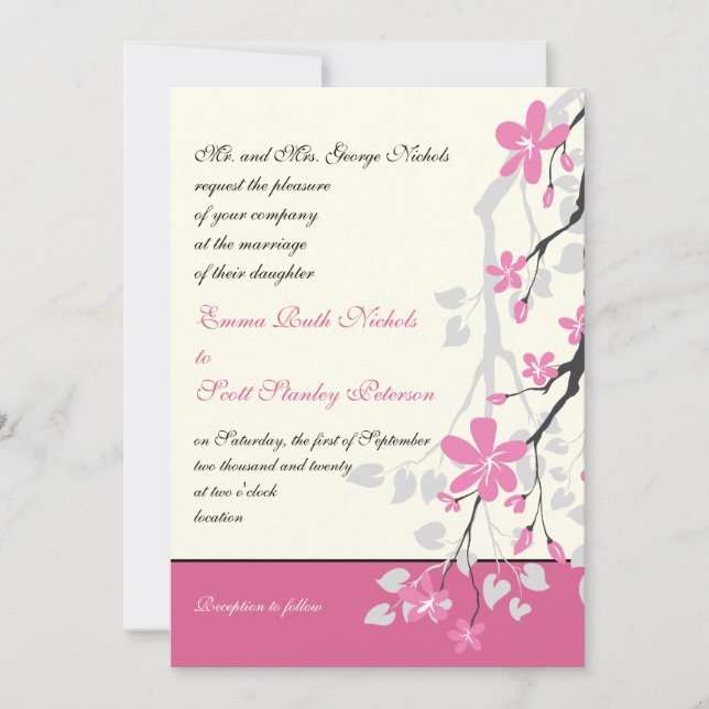 Magnolia branch pink wedding custom invitation (Front)
