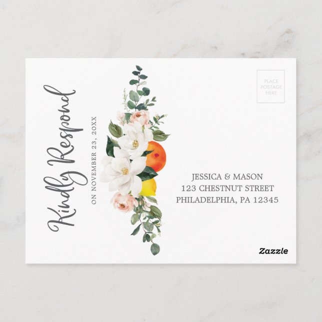 Magnolia Citrus Floral Wedding RSVP Postcard (Back)
