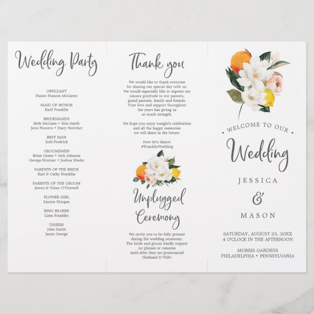 Magnolia Citrus Tri-Fold Wedding Program (Front)