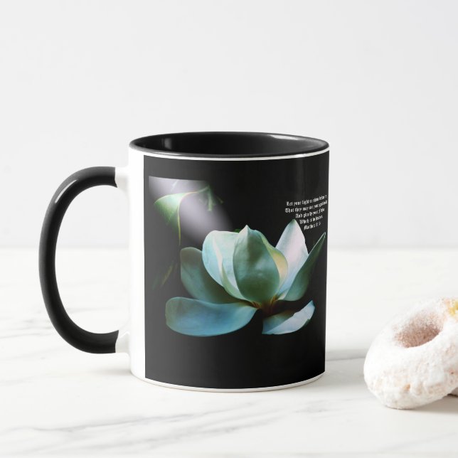 Magnolia Closeup Spotlight Matthew 5:16 Mug (With Donut)