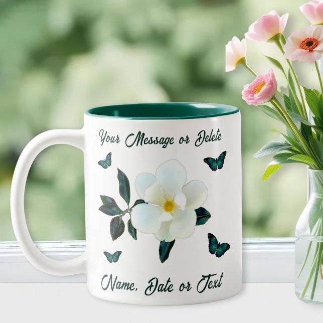 Magnolia Coffee Mugs, Personalized or Transfer Two-Tone Coffee Mug (Magnolia coffee mugs. Personalized name mugs or type in your message. Magnolia themed gifts for mom.)