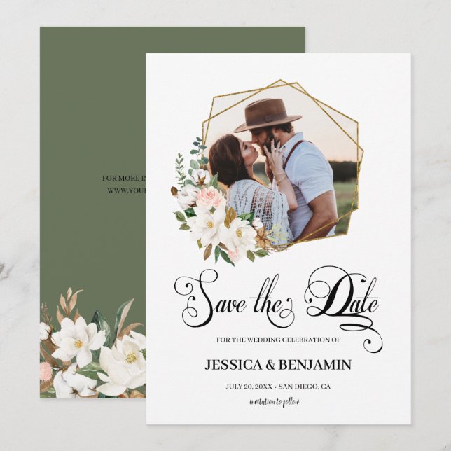 Magnolia Cotton Floral Leaves Gold Geometric Photo Save The Date (Front/Back)