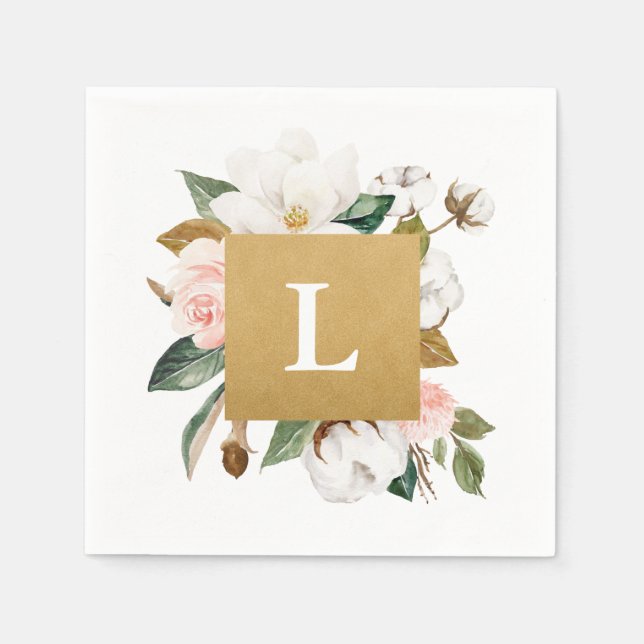 Magnolia & Cotton Flowers Wedding Cocktail Napkin (Front)