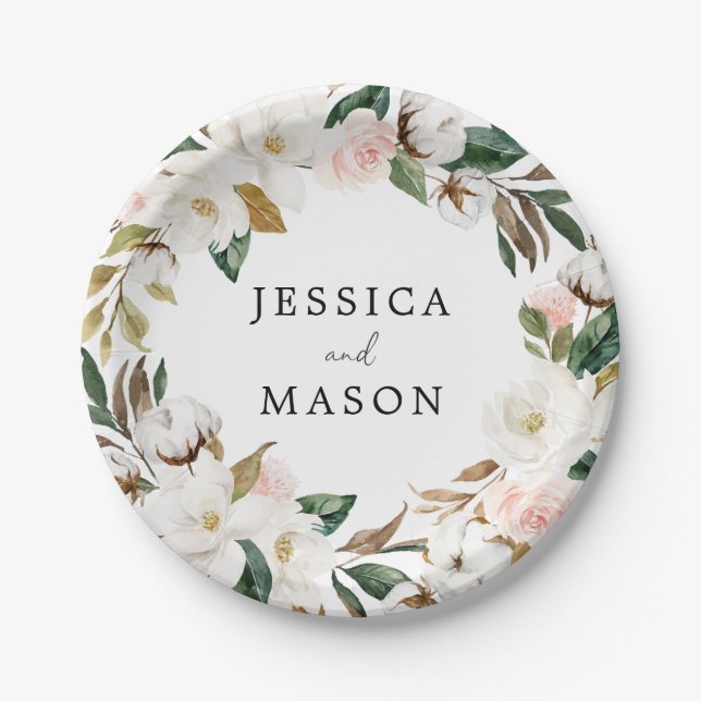 Magnolia Cotton Monogram Bridal Shower Paper Plate (Front)