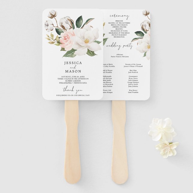 Magnolia Cotton Wedding Ceremony Program Fan (Front and Back)