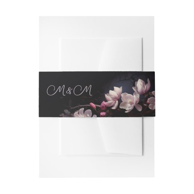 Magnolia Dark Floral Wedding Invitation Belly Band (Front Example)