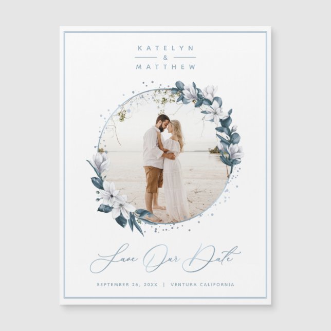 Magnolia & Dusty Blue Circle Photo Save The Date (Front)