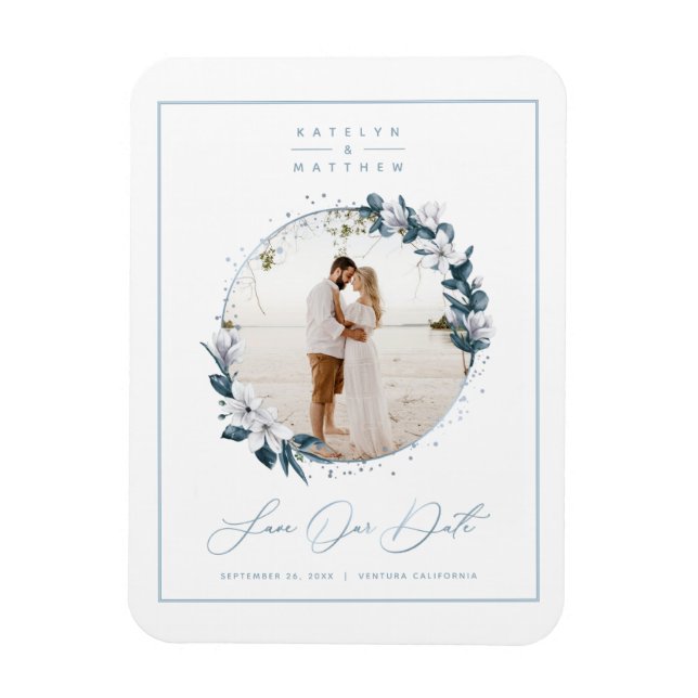 Magnolia & Dusty Blue Circle Photo Save The Date Magnet (Vertical)