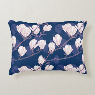 Magnolia Elegance: Navy Spring Bloom Accent Pillow